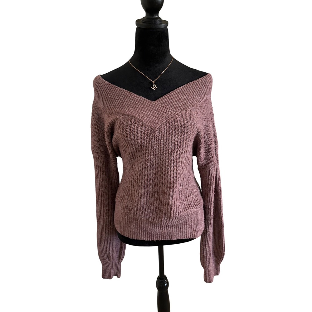 Pink Rose Mauve Off The Shoulder Knit Crossover V-Neck Sweater Long Sleeve - Picture 5 of 5